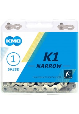 KMC K1N Narrow Bike Bicycle Chain 1/2"x3/32" 100 Links Single Speed Silver, Box