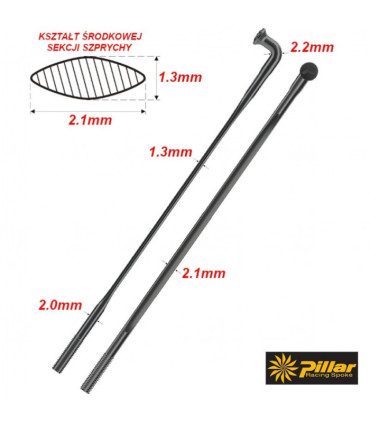 PILLAR WING21 Elipsa 256mm Stainless Steel Bicycle Spokes, Black, Set of 4 pcs.