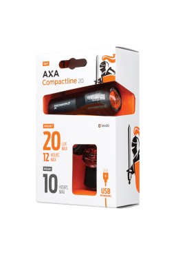 Zestaw lamp rowerowych AXA COMPACTLINE 20 lux / 1 dioda USB on/off czarna